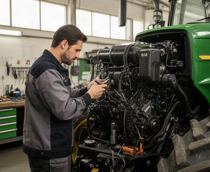 Técnico revisando una máquina agrícola en un taller de mantenimiento de Andalucía
