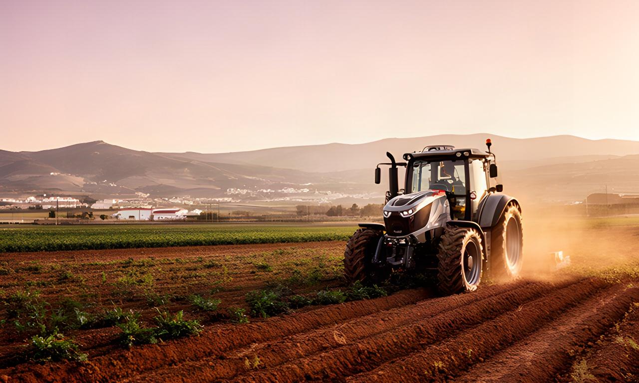 Tractor agrícola trabajando una parcela al amanecer en la Vega de Granada