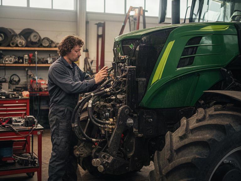 Técnico revisando el sistema hidráulico de un tractor en el taller de maquinaria agrícola