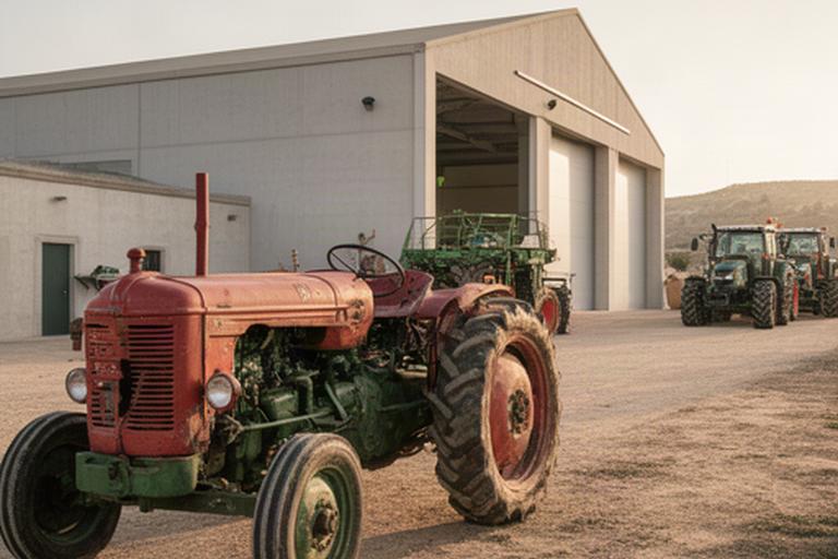 Primer tractor restaurado junto a la nave actual de Emilio's El Campo S.L. en Las Gabias
