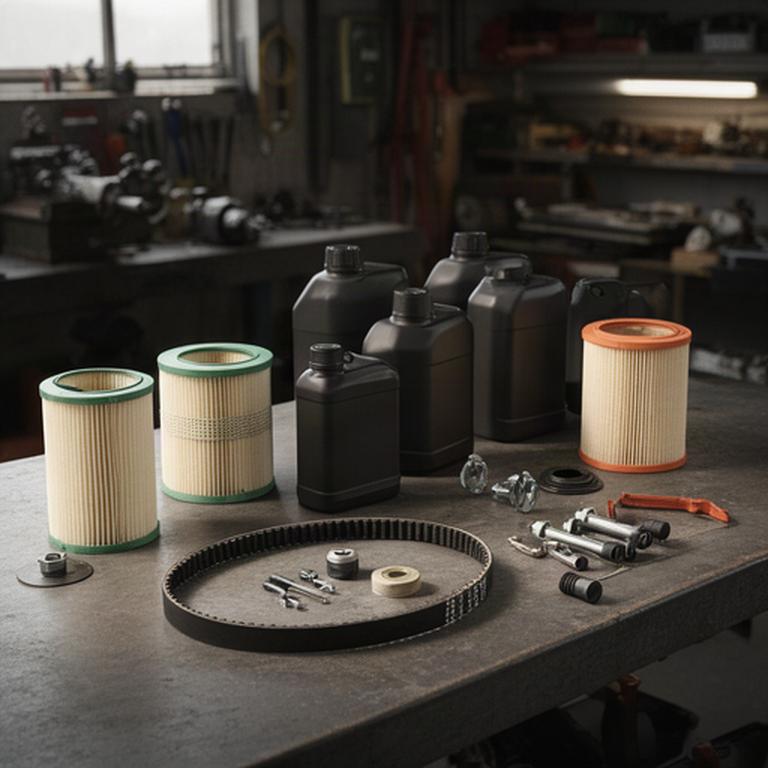 Kit de mantenimiento preventivo con filtros y lubricante sobre una mesa de taller agrícola