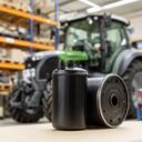 Filtro hidráulico negro junto a una máquina agrícola en un almacén de recambios