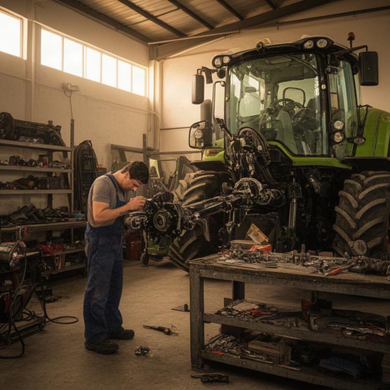 Técnico revisando una máquina agrícola en el taller de fabricación de Las Gabias