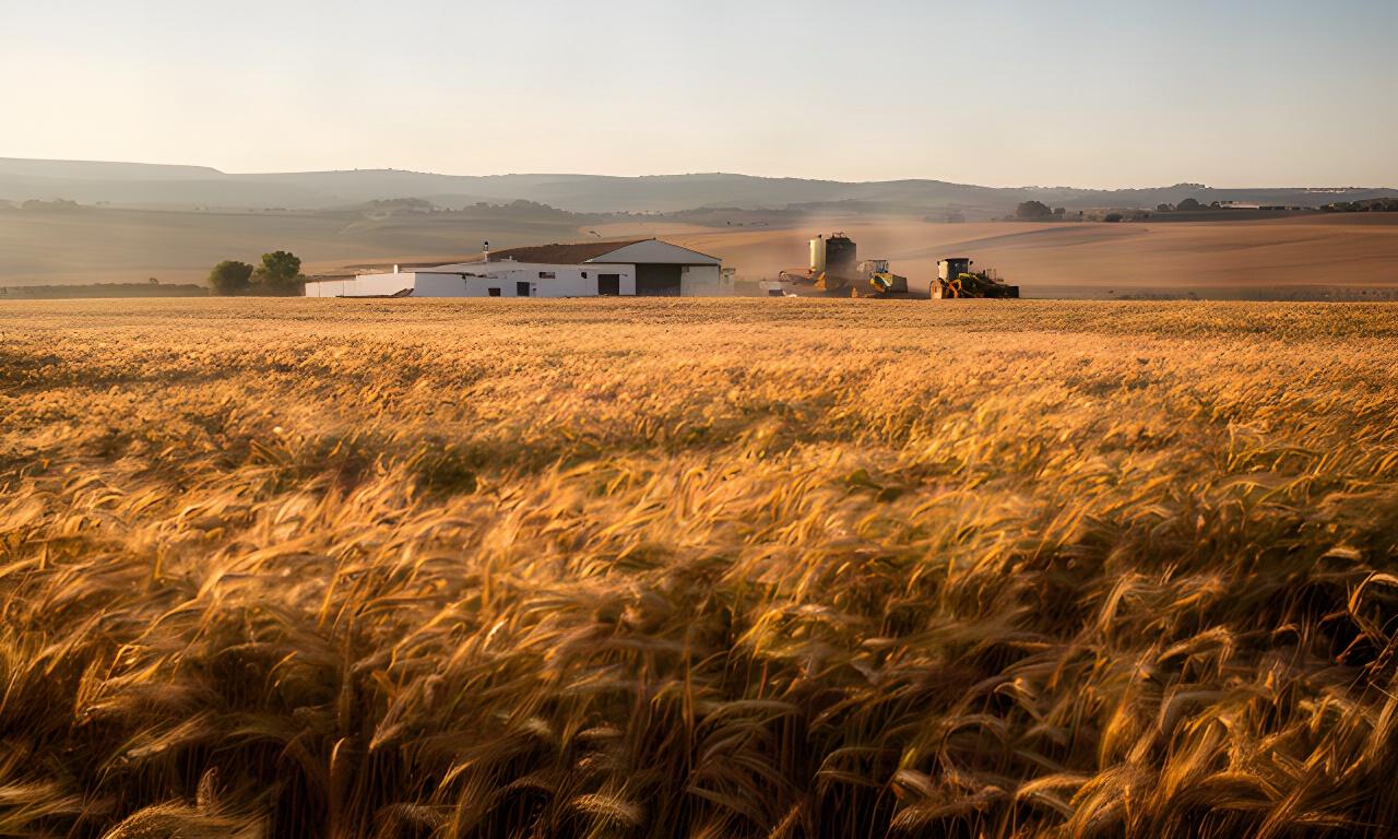 Campo de trigo maduro junto a una explotación agrícola de Andalucía