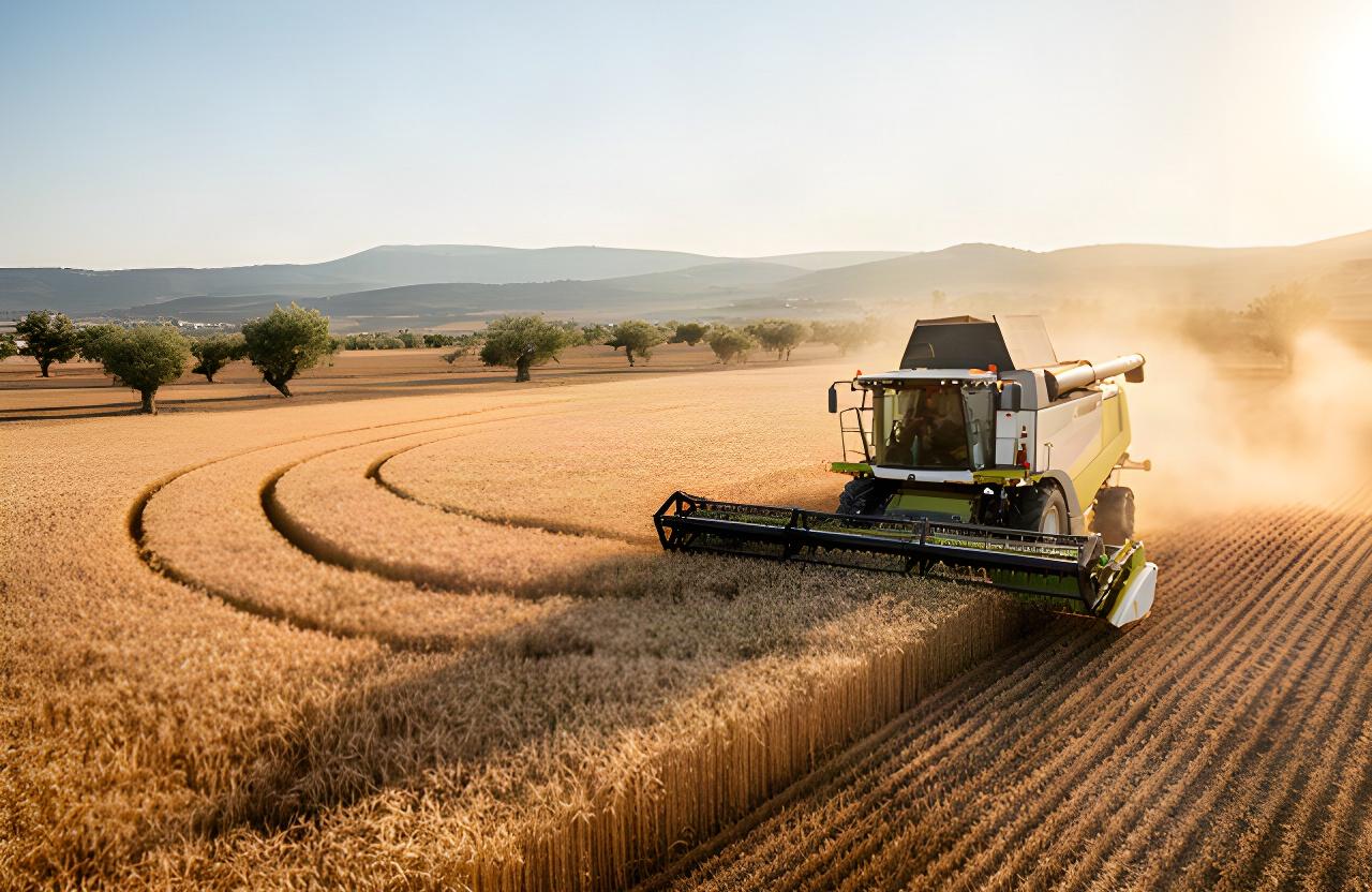 Cosechadora trabajando en un campo de trigo de Andalucía bajo luz cálida